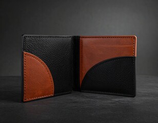 Open bi-fold wallet in black and tan leather against a dark background