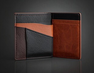 An open two-tone leather wallet showcasing card slots and stitching