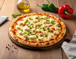 Delicious pizza topped with cheese, peppers, & herbs, on a wood board