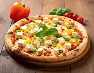 Delicious pizza topped with colorful vegetables and cheese on a wooden table