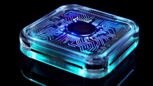 Macro shot of a futuristic glass AI chip processor floating and pulsing with RGB light energy