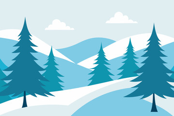 Obraz premium Winter Forest Landscape Vector with Snow Covered Pine Trees 
