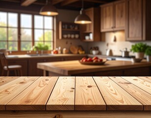 Wooden table foreground with a blurred cozy, rustic kitchen