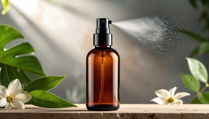 Amber bottle spraying mist, with foliage and light beams in background