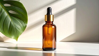 Amber glass bottle w/ dropper, lush leaf, shadows, and white background