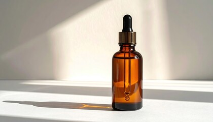Amber glass dropper bottle on a white surface, bathed in sunlight