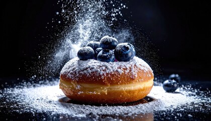 Donut topped with blueberries, dusted with powdered sugar, dark background
