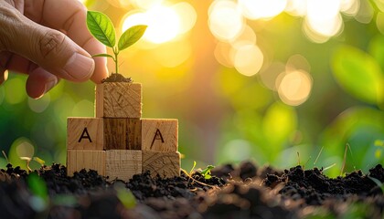 Hand plants seedling on wooden blocks, "A" letters visible, bokeh background