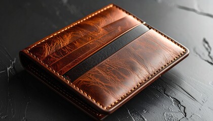 Close-up of a handcrafted, brown leather wallet with black accent stripe