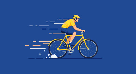 Obraz premium An energetic illustration depicts a person cycling rapidly on a bright yellow bicycle, emphasizing speed and active lifestyle against a solid blue background.