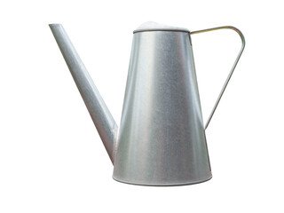 Metal watering can (zinc) vintage style, also known as a watering pot, it's container for holding water to water plants, essential for farmers and gardeners, isolated object on transparent background.