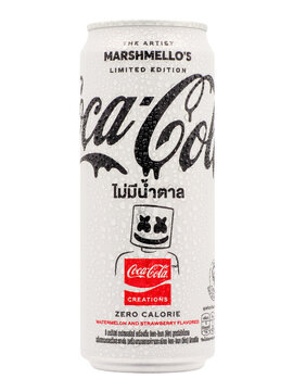 Surin, Thailand - Nov 14, 2022 : Coca-Cola or Coke zero calorie white can aluminum, Marshmello's limited edition, isolated object on transparent background.
