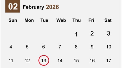 February 2026 Calendar with Red Circle on 13th dates