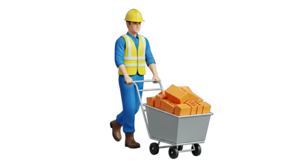 Construction Worker Pushing Cart with Bricks on White Background