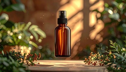 A brown spray bottle is suspended amongst lush green foliage