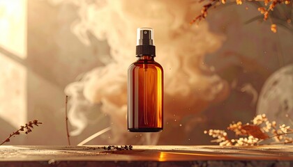 Amber bottle of spray product floats amid an artistic vapor and foliage