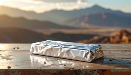 Foil-wrapped item on a weathered table against a mountain backdrop