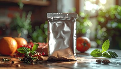 Silver pouch stands amidst produce on a wooden table, soft focus background