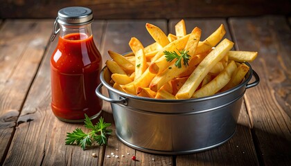 Golden french fries in metal bucket, bottle of red sauce on wood
