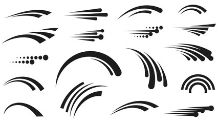 Fototapeta premium Collection of black speed lines, motion trails, and dynamic swoosh graphic elements on a white background, illustrating movement and velocity.