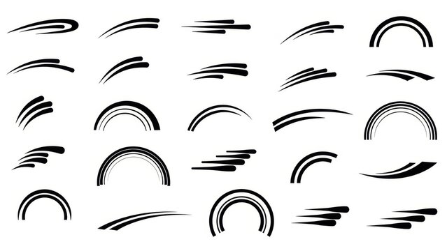 A collection of abstract graphic design elements featuring dynamic swooshes and curved lines in black and white.