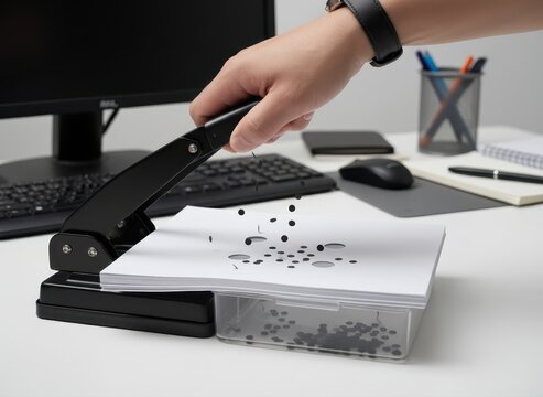 Person using a hole punch on paper at an office desk with computer and stationery.