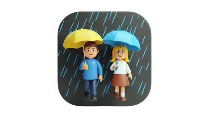 Couple walking in the rain with umbrellas, 3D render.