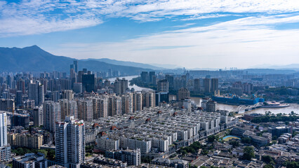 Urban Skyline with High-rise Buildings and River