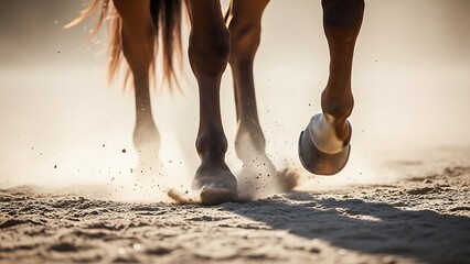 Horses, The hooves of walking horse in sand dust. Shallow DOF