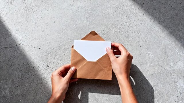 Hands holding an open envelope with a white card
