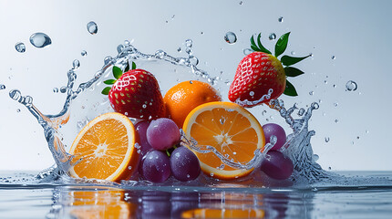 Fresh Fruit Splashing in Water strawberries oranges