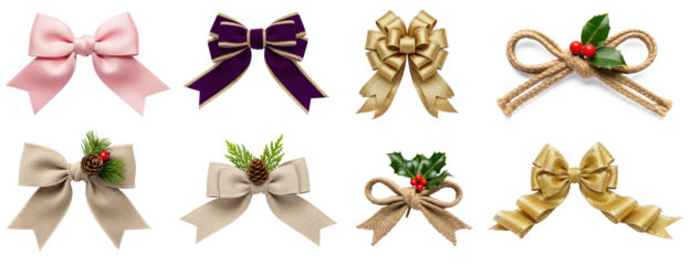 A collection of various bows, including ribbons, twine, and holly, with a focus on holiday decorations.