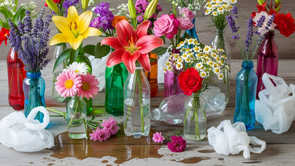The image features a variety of vibrant flowers—including lilies, roses, daisies, and lavender—arranged inside discarded plastic water bottles of various colors and sizes.