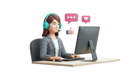 Customer Service Representative Working on Computer with Social Media Icons