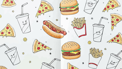 A delightful pattern of fast food items including pizza burgers and hot dogs.