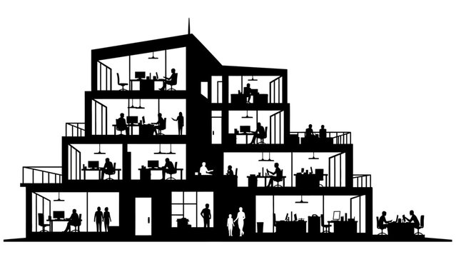 Modern office building interior cross section with business people working at desks silhouette vector illustration corporate environment multistory workplace busy staff productive atmosphere