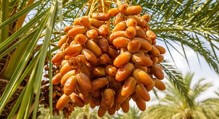 Close-up of a large cluster of ripe dates hanging from a date palm tree under natural sunlight.