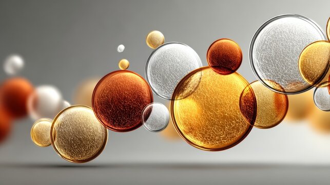 Transparent orange, gold, and white glass bubbles with intricate textures float gracefully against a soft gray background, creating a modern abstract design ideal for creative and contemporary uses.