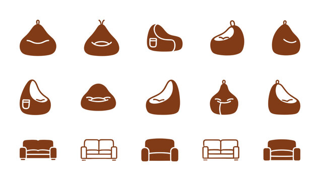Set of Brown Silhouette Icons Depicting Various Sofas, Couches, and Bean Bag Chairs for Interior and Furniture Design