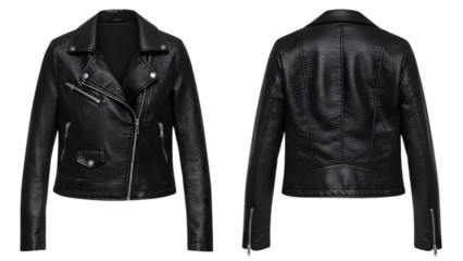Black leather jacket with studs on the front and back views isolated on transparent background