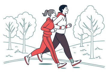 Fototapeta premium Cartoon vector illustration of a fashionable young couple walking through a winter park, depicting a silhouette of people in love enjoying art and fun