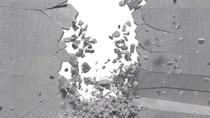 Wall description involves a sudden, forceful rupture, sending debris like concrete