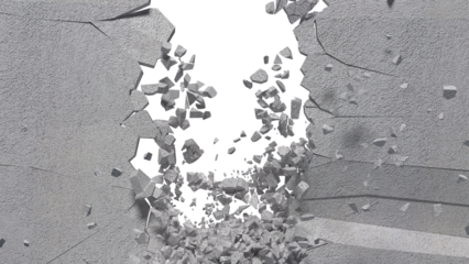 Wall description involves a sudden, forceful rupture, sending debris like concrete