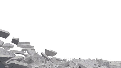 Wall description involves a sudden, forceful rupture, sending debris like concrete