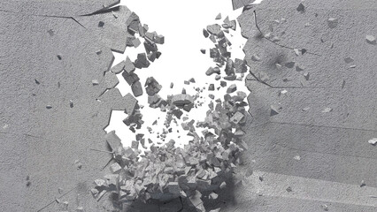 Wall description involves a sudden, forceful rupture, sending debris like concrete