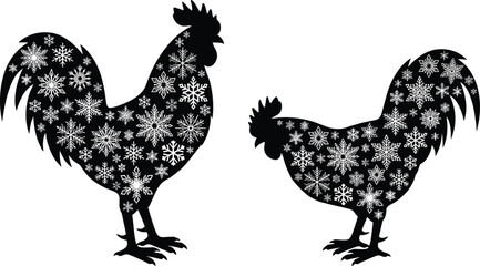 Black silhouette vector illustration of two roosters filled with white snowflake patterns, isolated on white background for winter and Christmas farm designs.
