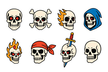 Vintage tattoo skull set with pirate bandana reaper hood flaming head and dagger elements.