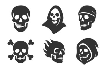 Black skull silhouettes set with grim reaper, crossbones and flaming head vector icons.