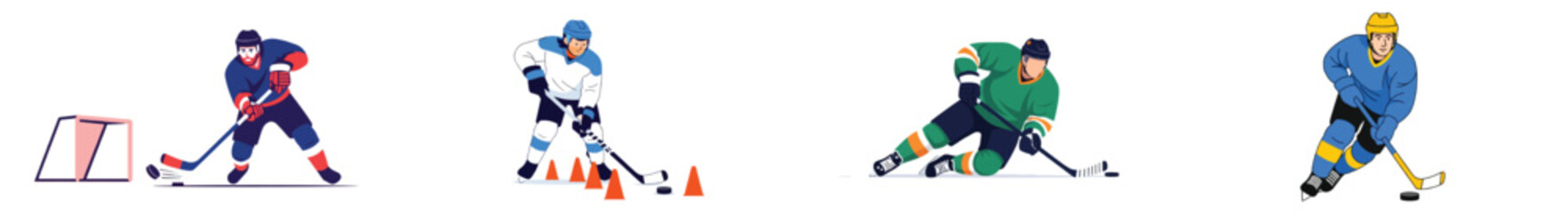 Hockey players skating and shooting pucks