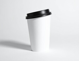 White coffee cup with black lid at a slight angle, casting a shadow